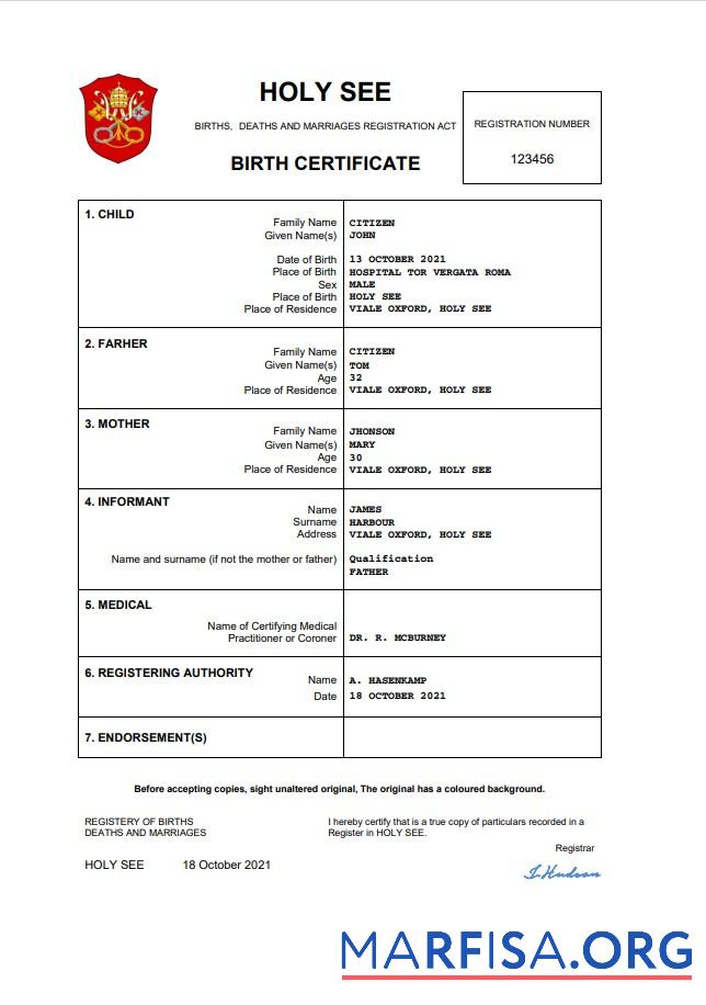 Realistic Holy See vital record birth certificate Word and PDF template
